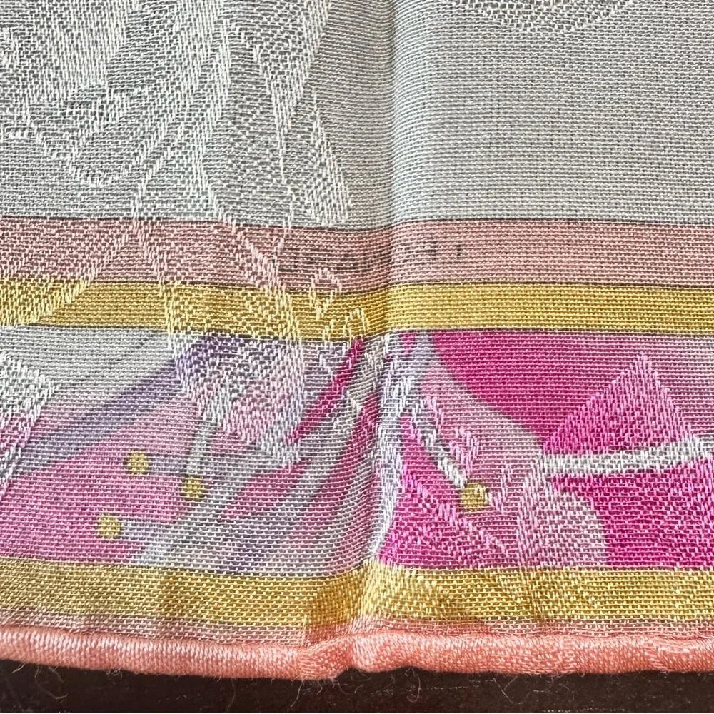 vintage Leonard Paris scarf with Pink and Gold Accents-with callouts